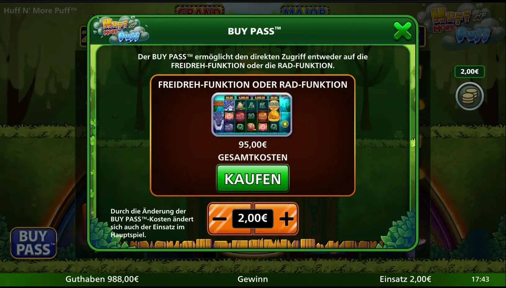Kaufdialog des Buy Pass bei Huff N’ More Puff mit 95,00 Euro Gesamtkosten