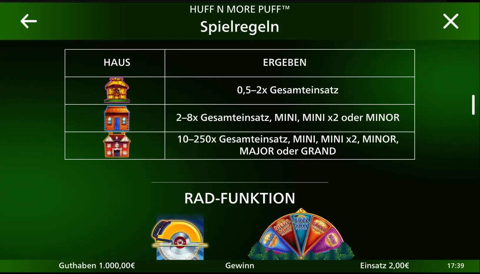 Tabelle aus den Spielregeln mit den Auszahlungen für Strohhaus, Holzhaus und Ziegelhaus