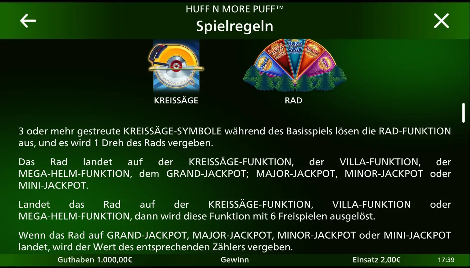 Spielregeln zum Rad: drei oder mehr Kreissägen lösen die Rad-Funktion mit einem Dreh aus