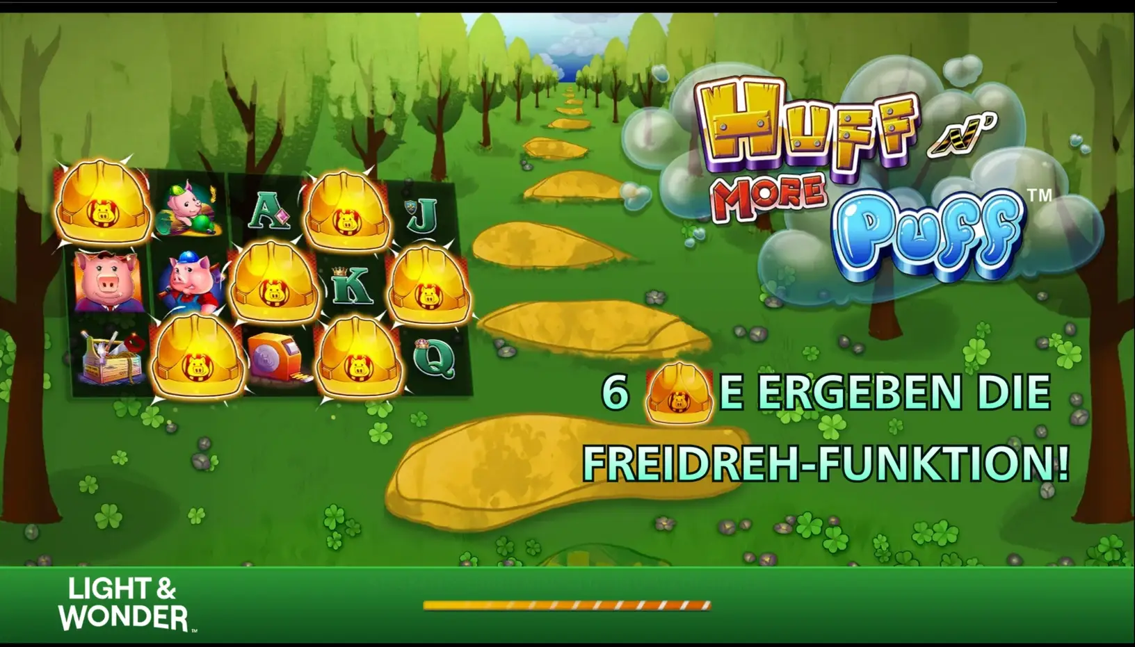 Startbildschirm der Demo von Huff N’ More Puff mit dem Hinweis auf mehrere Jackpots